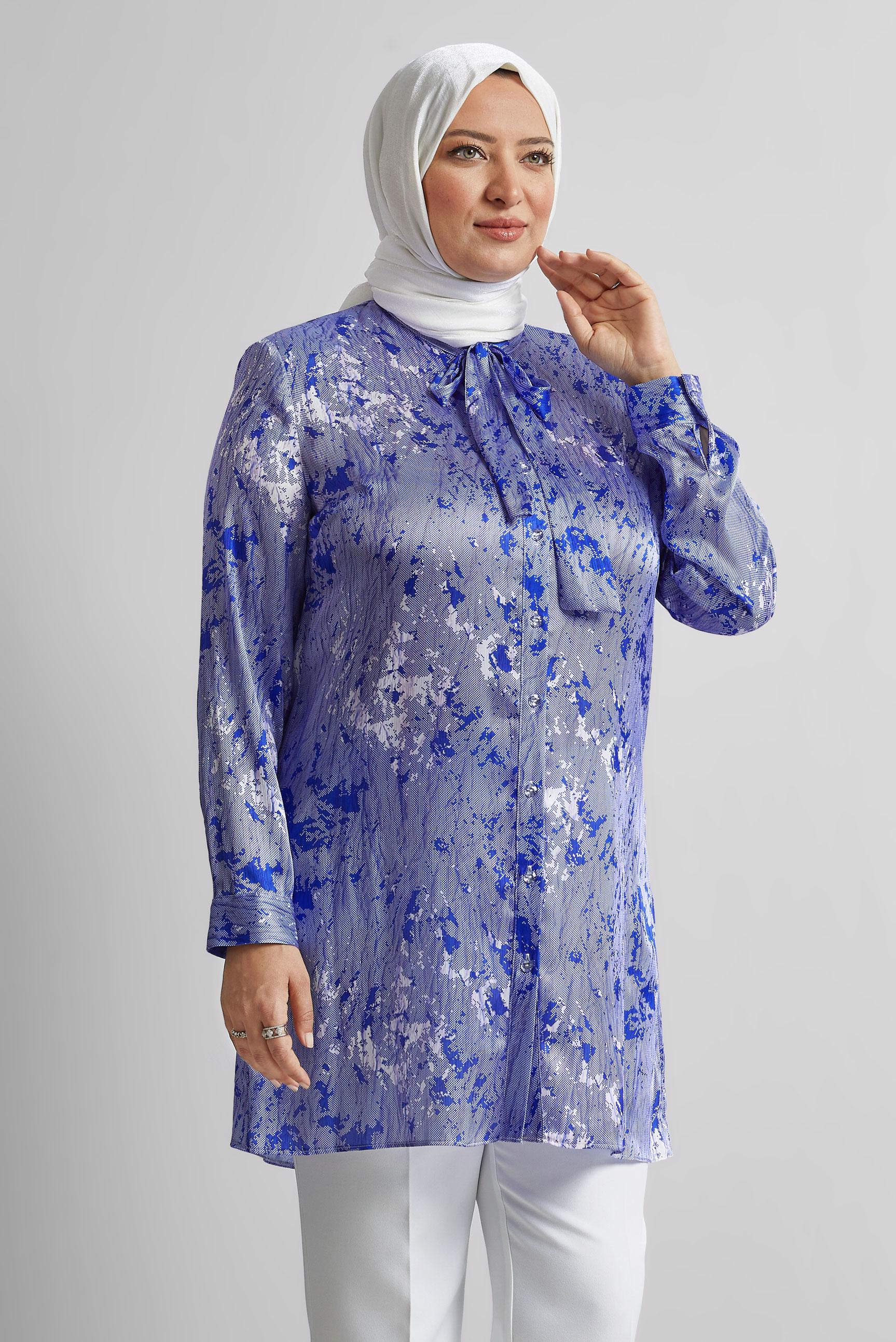 Vêtements hijab BLEU MARINE TUNIQUE EN SATIN À MOTIFS 20707