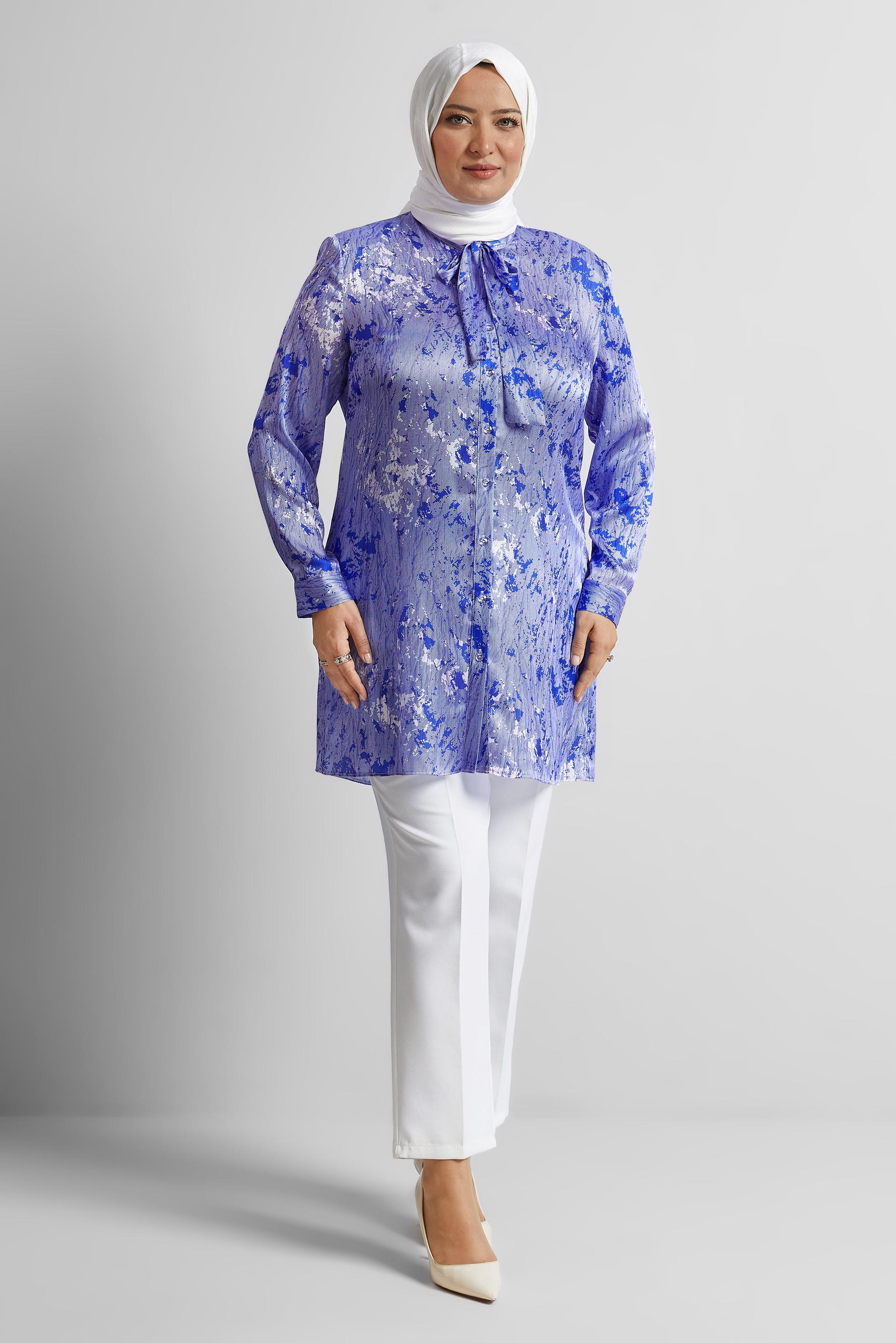 Vêtements hijab BLEU MARINE TUNIQUE EN SATIN À MOTIFS 20707