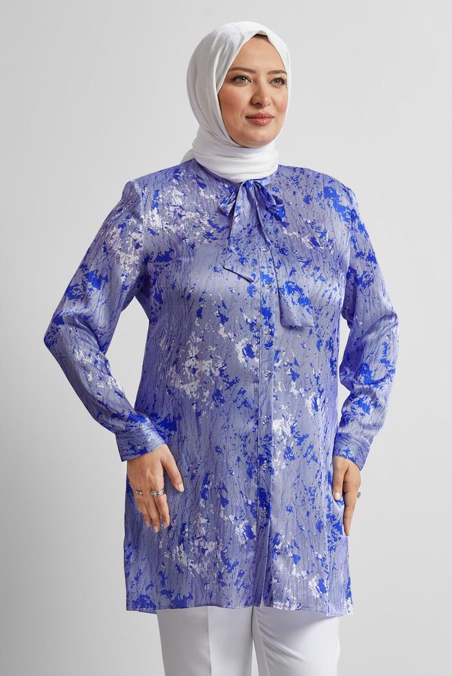 Vêtements hijab BLEU MARINE TUNIQUE EN SATIN À MOTIFS 20707 - ALVİNA