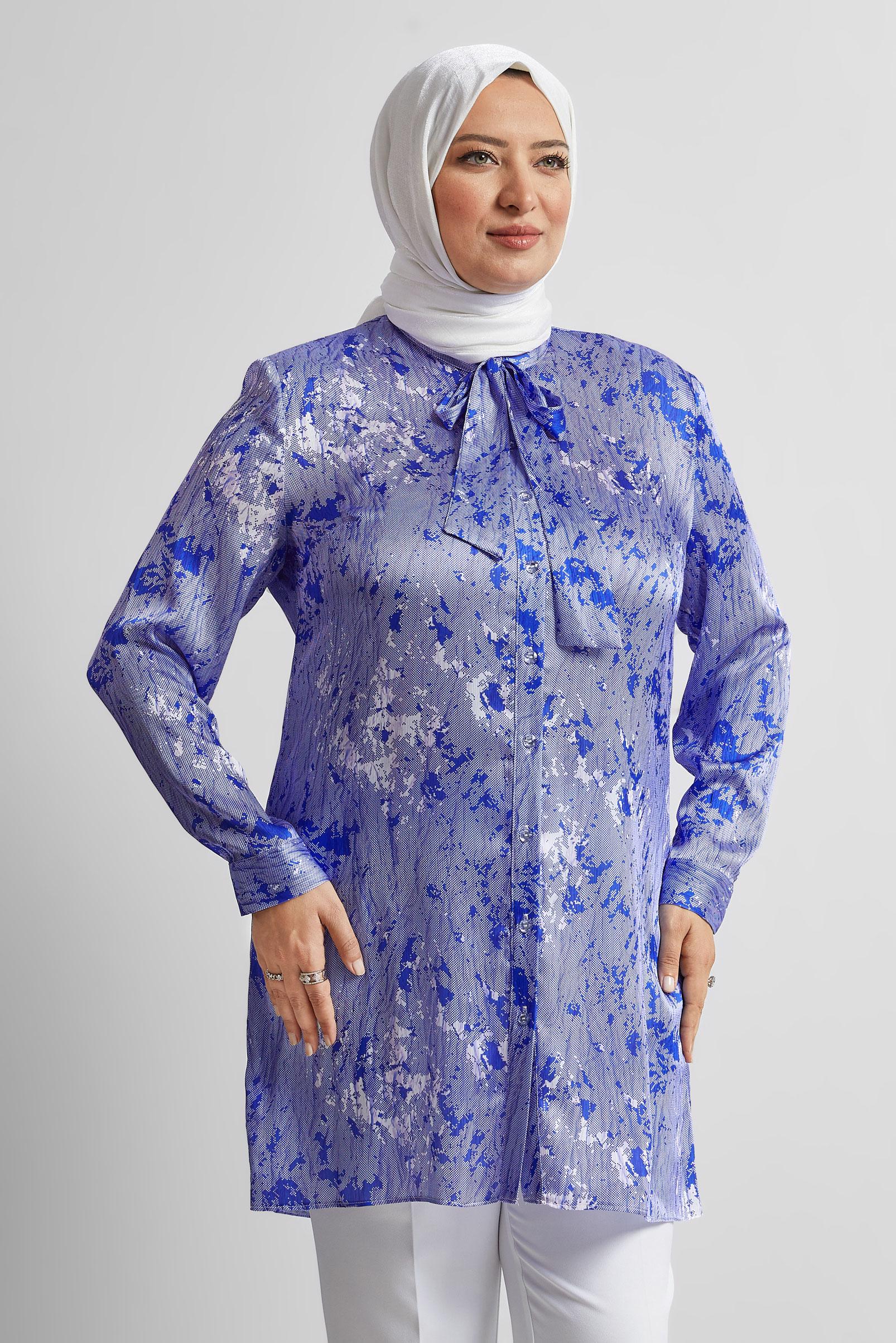 Vêtements hijab BLEU MARINE TUNIQUE EN SATIN À MOTIFS 20707