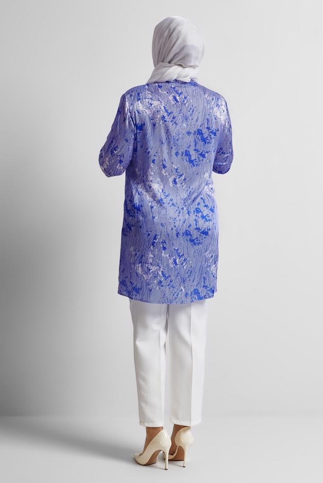 Vêtements hijab BLEU MARINE TUNIQUE EN SATIN À MOTIFS 20707 - ALVİNA