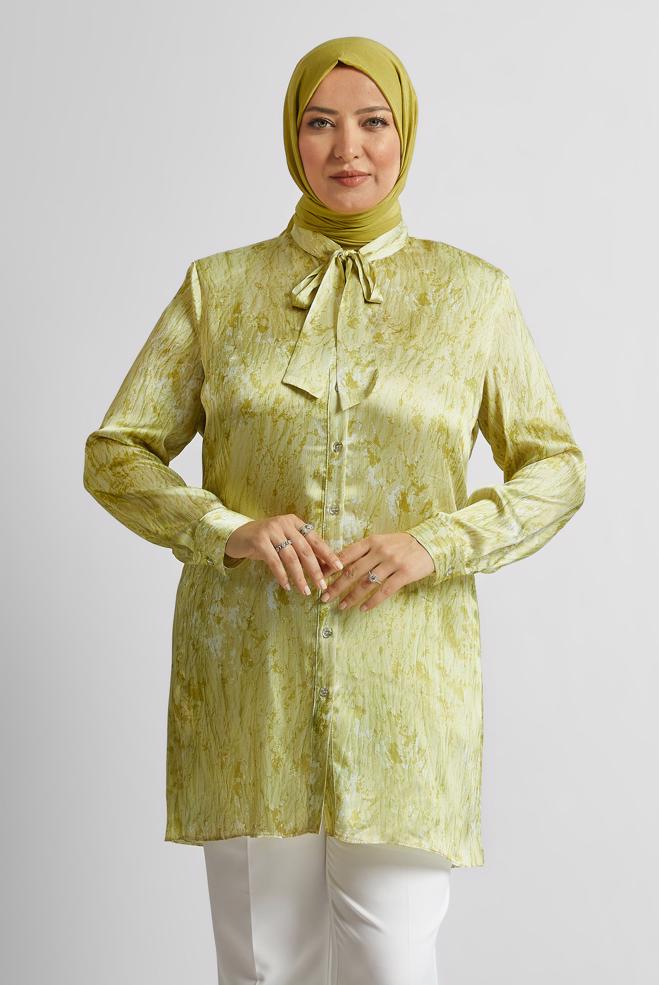 Vêtements hijab VERT TUNIQUE EN SATIN À MOTIFS 20707 - ALVİNA