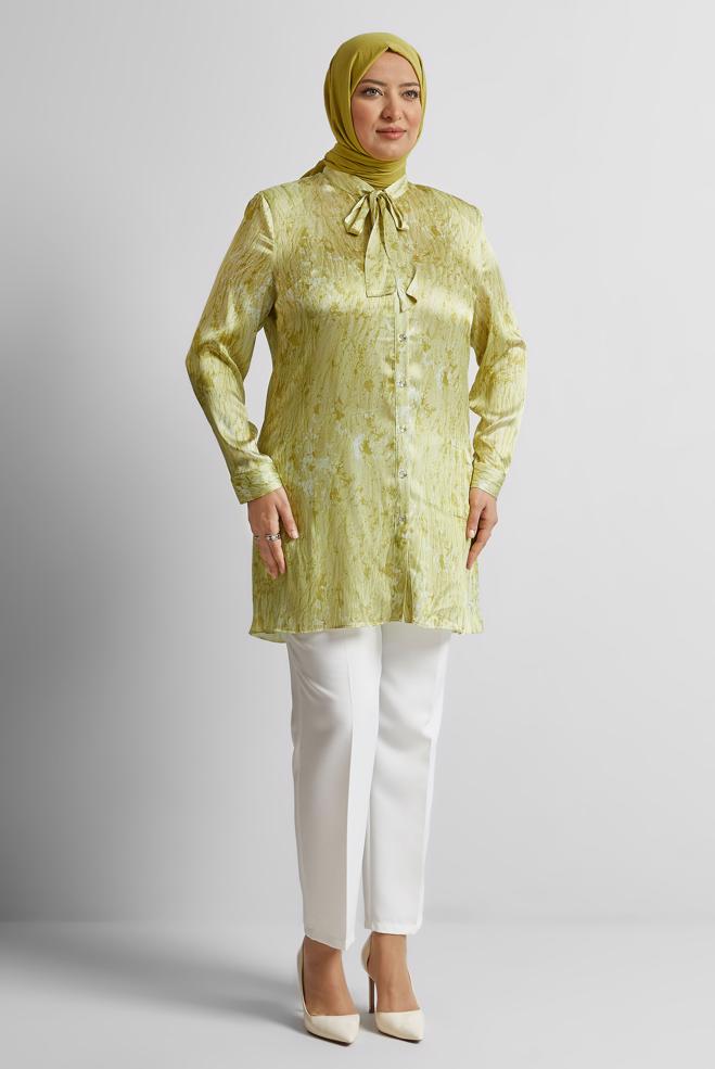 Vêtements hijab VERT TUNIQUE EN SATIN À MOTIFS 20707 - ALVİNA