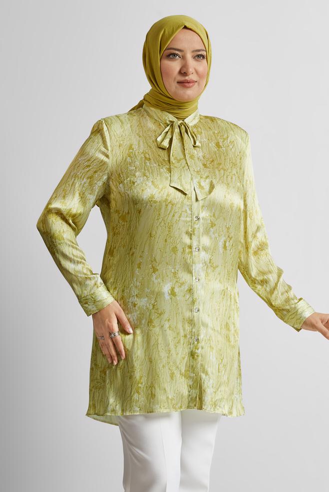 Vêtements hijab VERT TUNIQUE EN SATIN À MOTIFS 20707 - ALVİNA