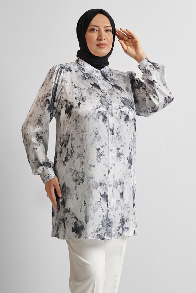 Vêtements hijab NOIR TUNIQUE EN SATIN À MOTIFS 20708 - ALVİNA