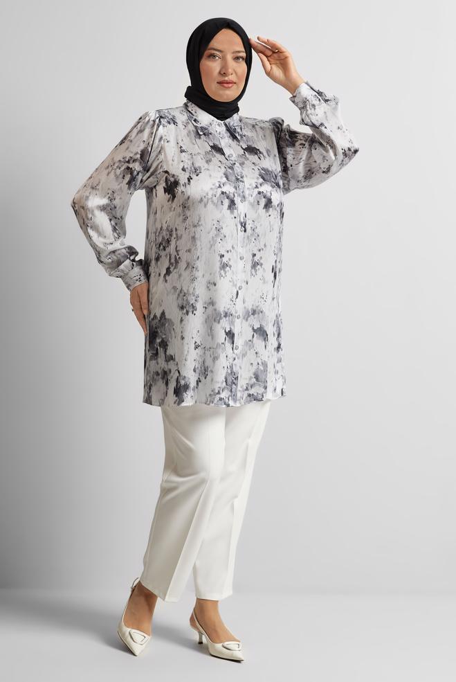 Vêtements hijab NOIR TUNIQUE EN SATIN À MOTIFS 20708 - ALVİNA