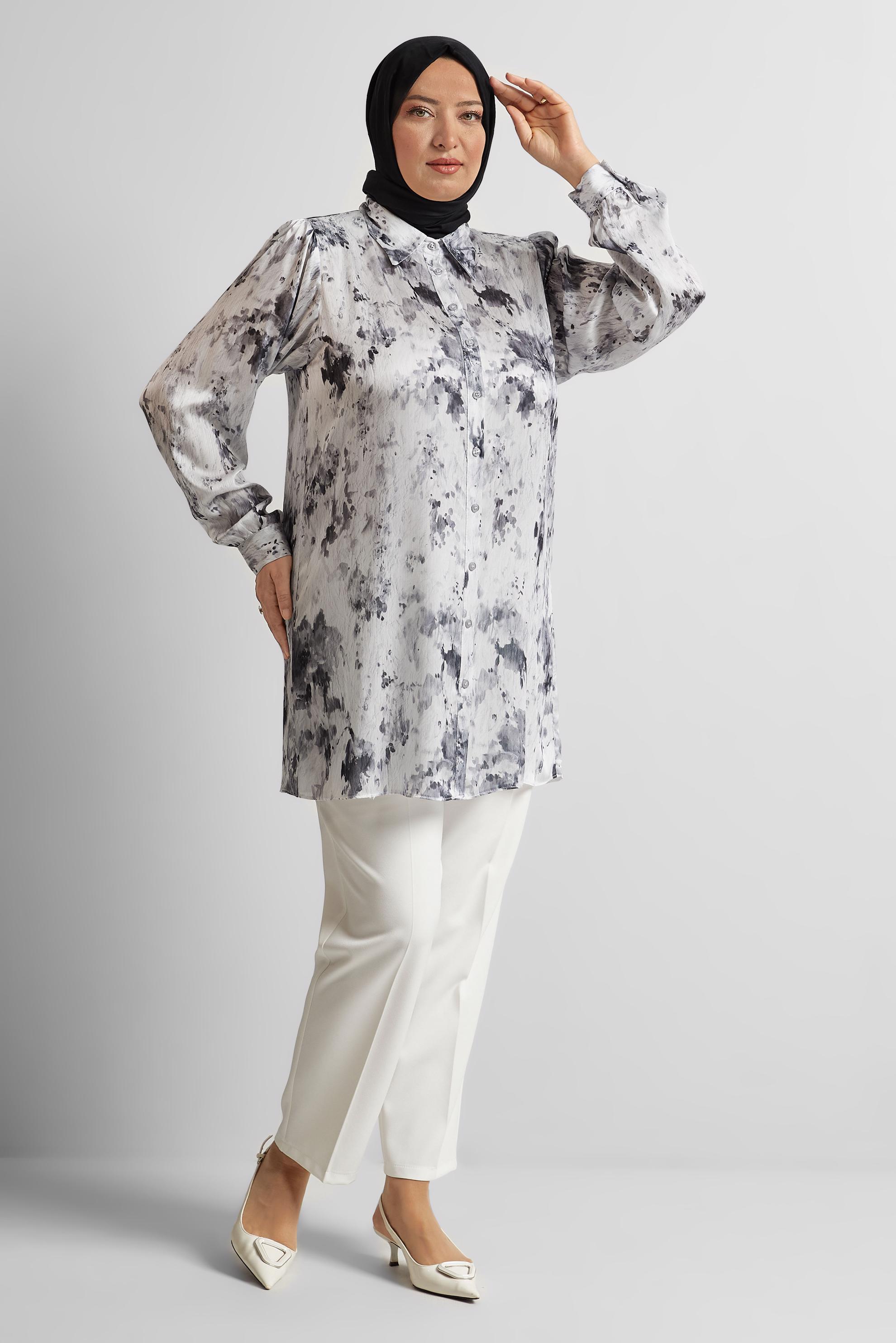 Vêtements hijab NOIR TUNIQUE EN SATIN À MOTIFS 20708