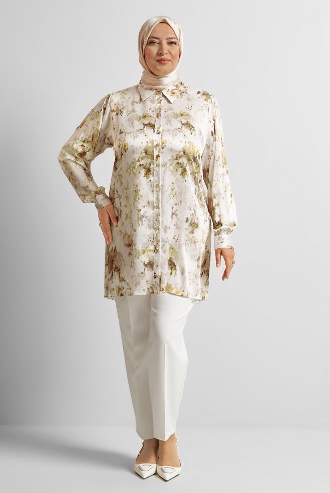 Vêtements hijab VISON TUNIQUE EN SATIN À MOTIFS 20708 - ALVİNA