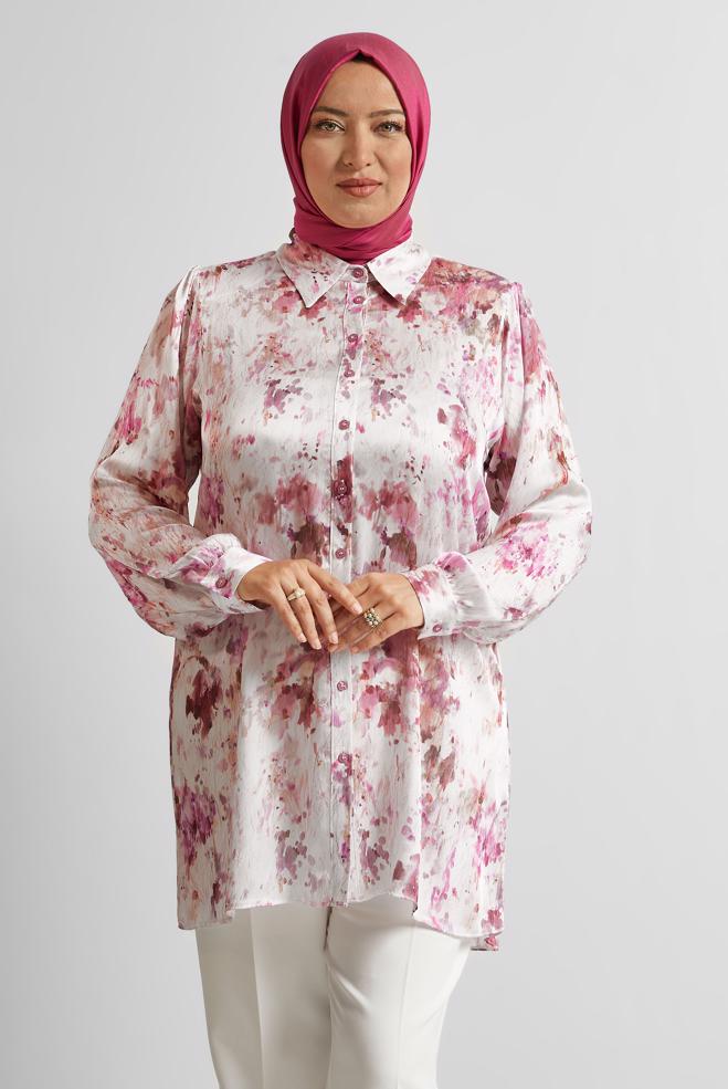 Vêtements hijab POURPRE TUNIQUE EN SATIN À MOTIFS 20708 - ALVİNA