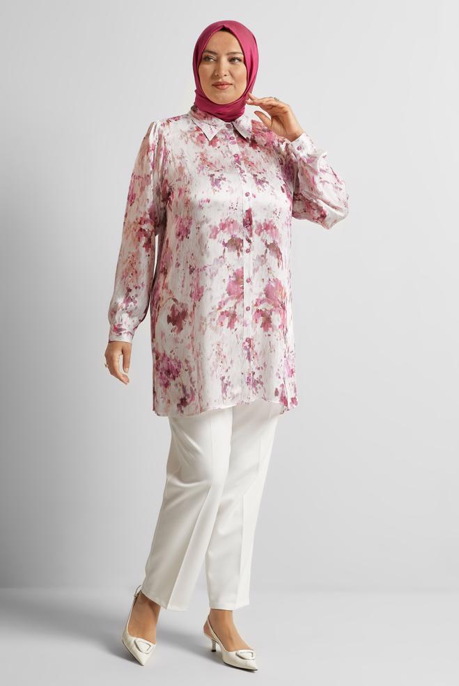 Vêtements hijab POURPRE TUNIQUE EN SATIN À MOTIFS 20708 - ALVİNA