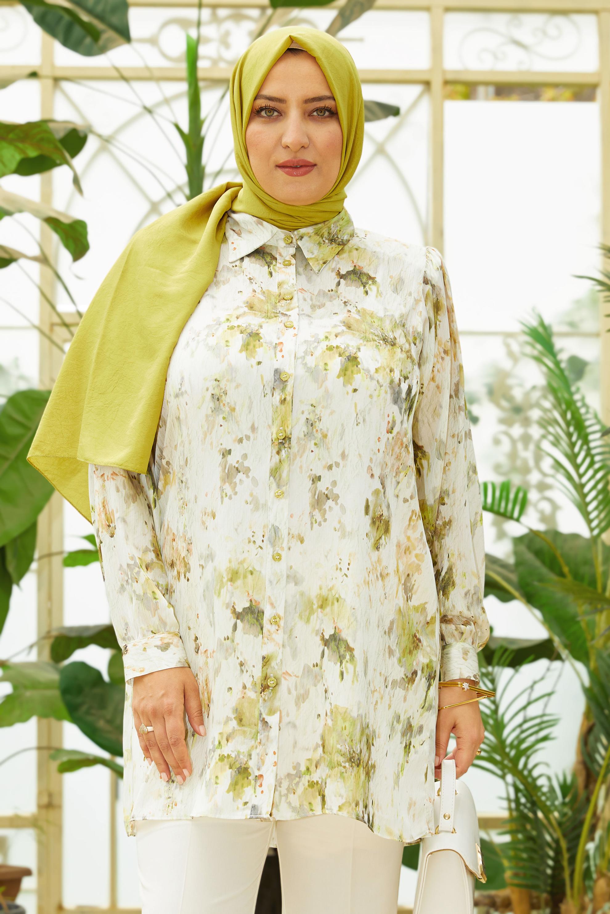 Hijab clothing GREEN PATTERNED SATIN TUNIC 20708