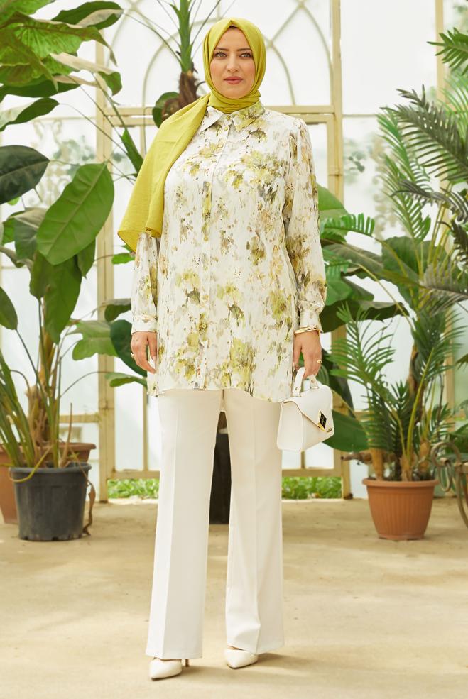 Hijab clothing GREEN PATTERNED SATIN TUNIC 20708 - ALVİNA