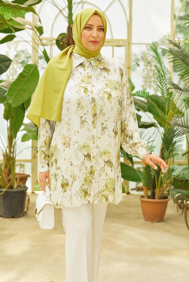 Hijab clothing GREEN PATTERNED SATIN TUNIC 20708 - ALVİNA