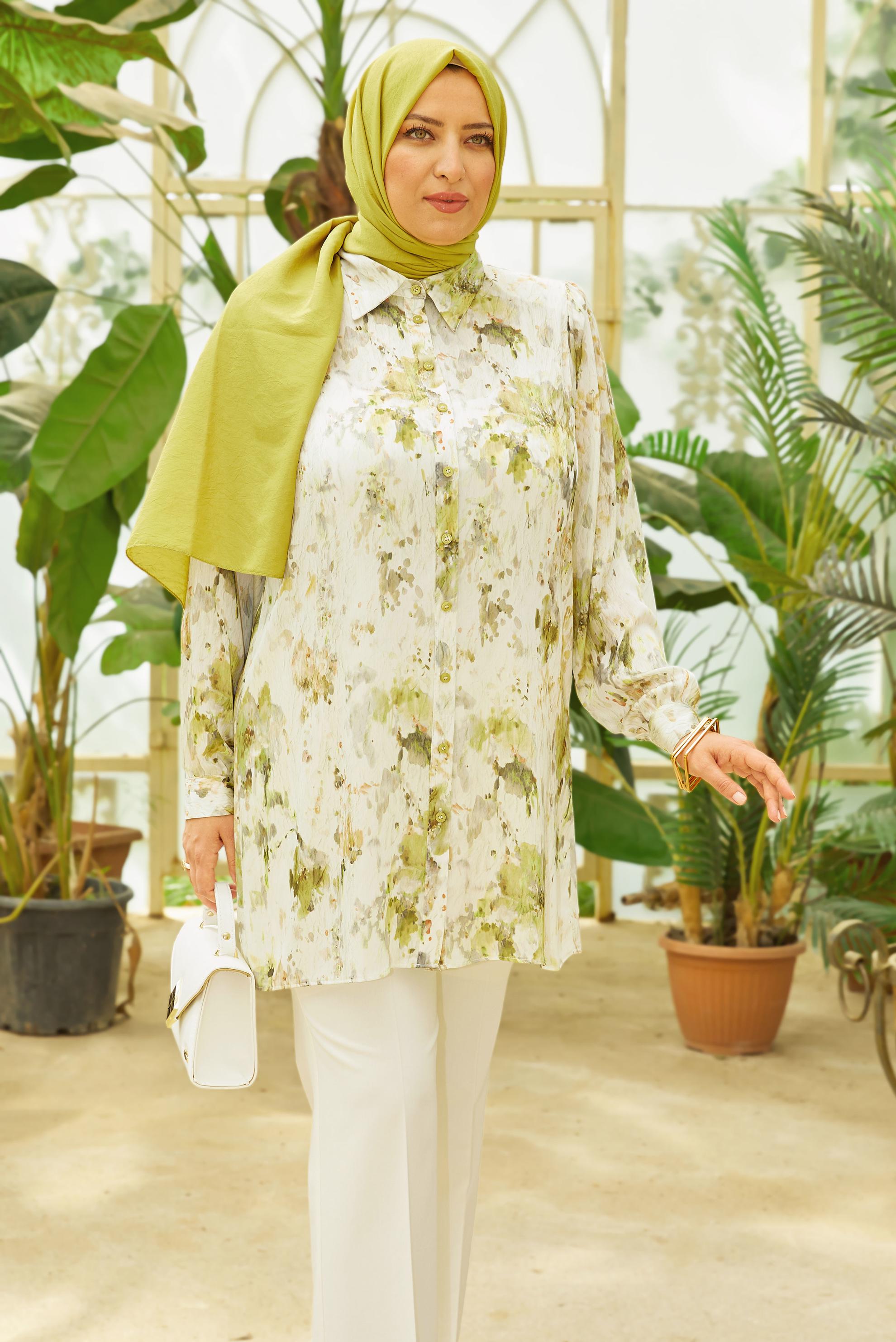 Hijab clothing GREEN PATTERNED SATIN TUNIC 20708