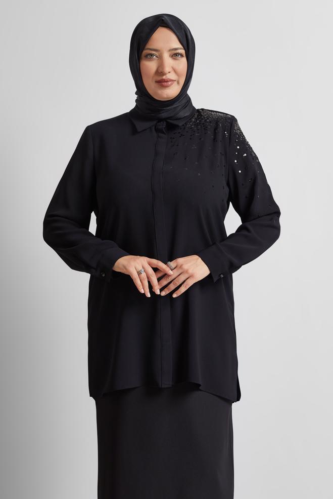 Vêtements hijab NOIR TUNIQUE BRODÉE À PAILLETTES 20709 - ALVİNA