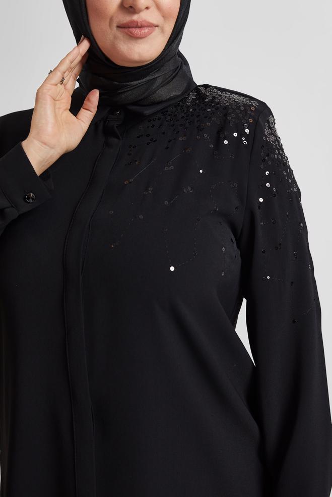 Vêtements hijab NOIR TUNIQUE BRODÉE À PAILLETTES 20709 - ALVİNA