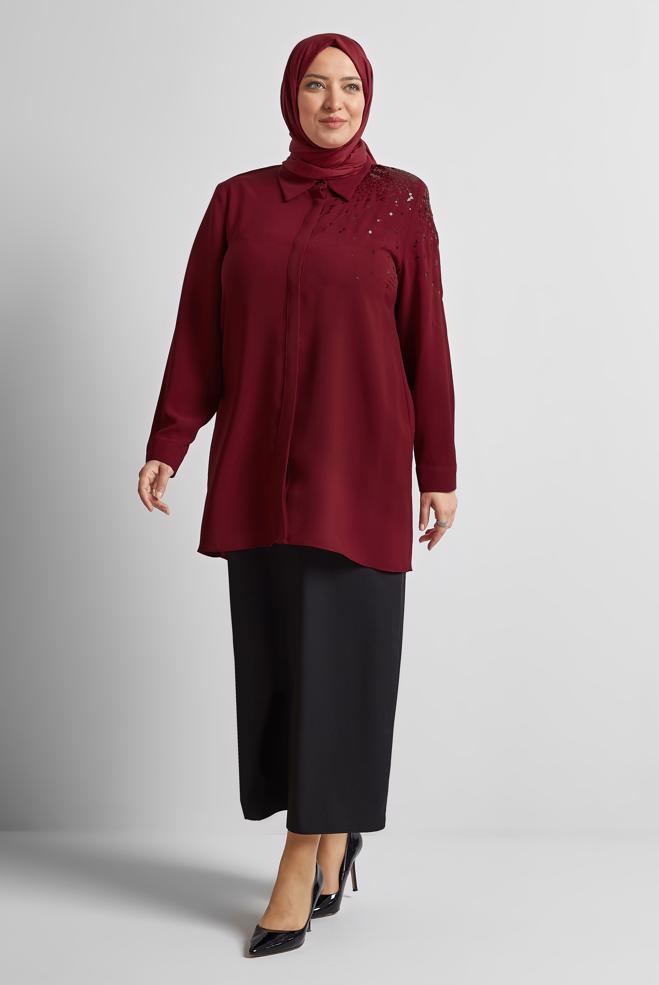 Vêtements hijab ROUGE BORDEAUX TUNIQUE BRODÉE À PAILLETTES 20709 - ALVİNA