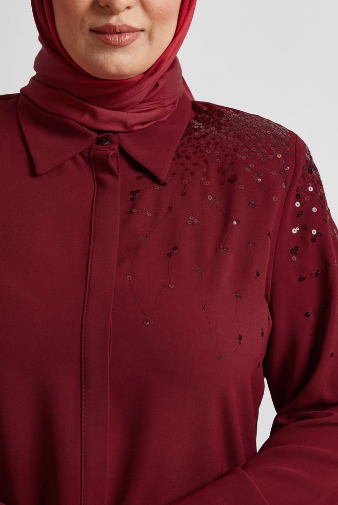 Vêtements hijab ROUGE BORDEAUX TUNIQUE BRODÉE À PAILLETTES 20709 - ALVİNA