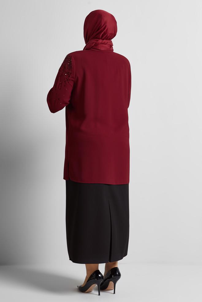 Vêtements hijab ROUGE BORDEAUX TUNIQUE BRODÉE À PAILLETTES 20709 - ALVİNA