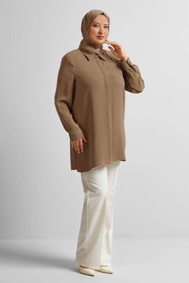 Vêtements hijab BRUN TUNIQUE BRODÉE À PAILLETTES 20709 - ALVİNA