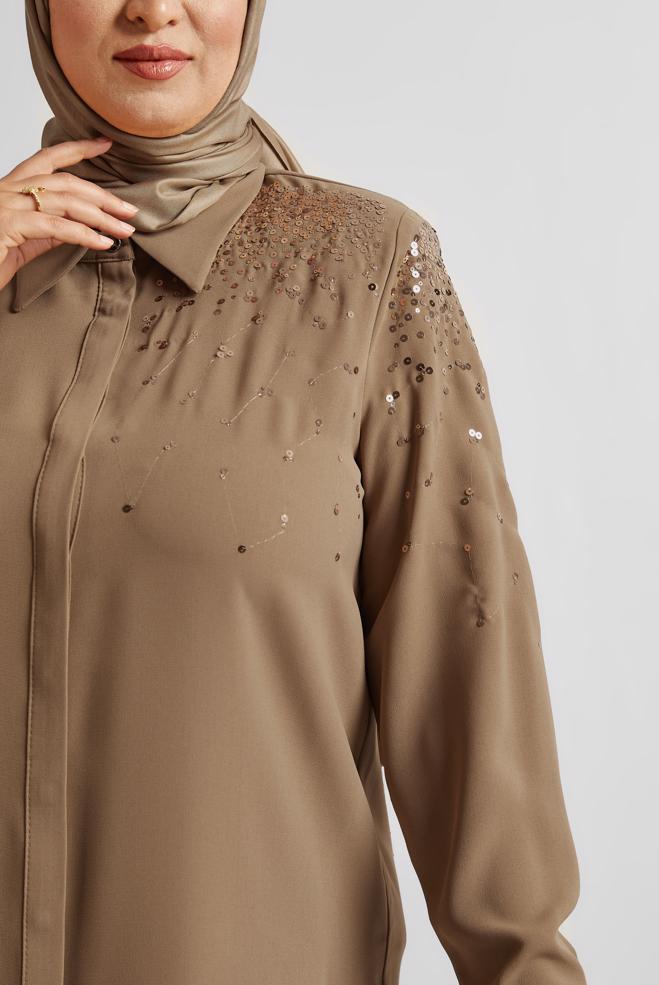 Vêtements hijab BRUN TUNIQUE BRODÉE À PAILLETTES 20709 - ALVİNA