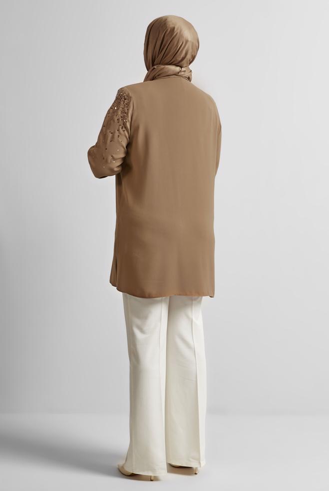 Vêtements hijab BRUN TUNIQUE BRODÉE À PAILLETTES 20709 - ALVİNA