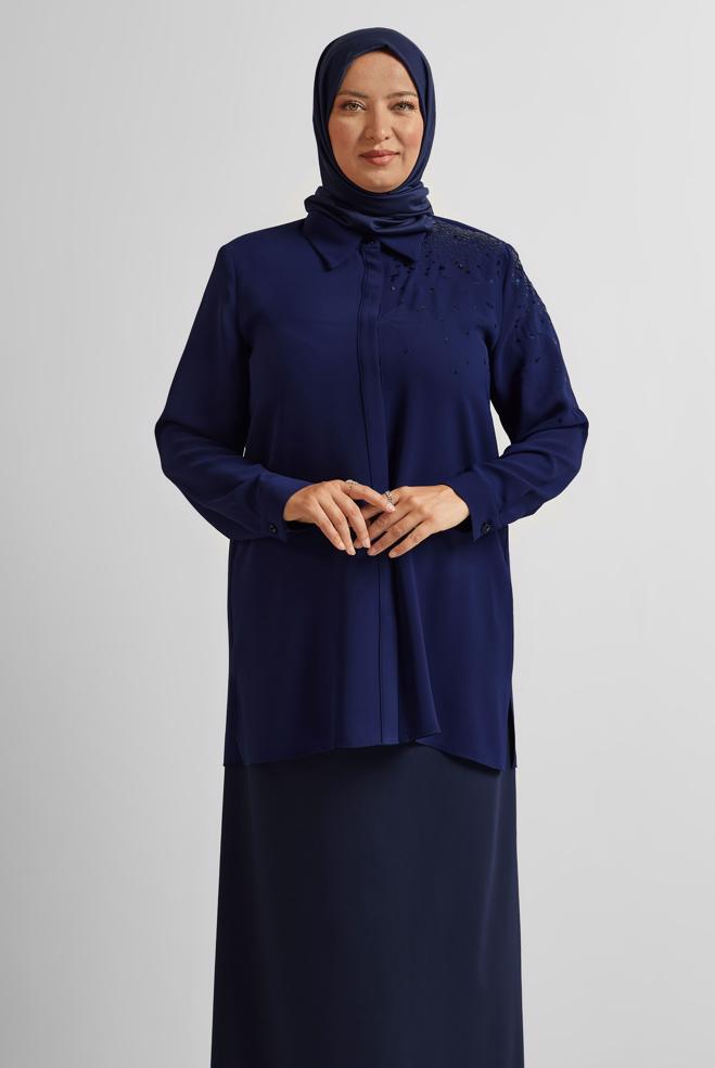 Vêtements hijab BLEU MARINE TUNIQUE BRODÉE À PAILLETTES 20709 - ALVİNA