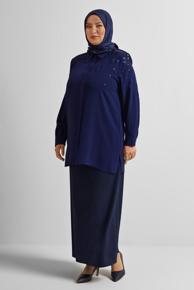 Vêtements hijab BLEU MARINE TUNIQUE BRODÉE À PAILLETTES 20709 - ALVİNA