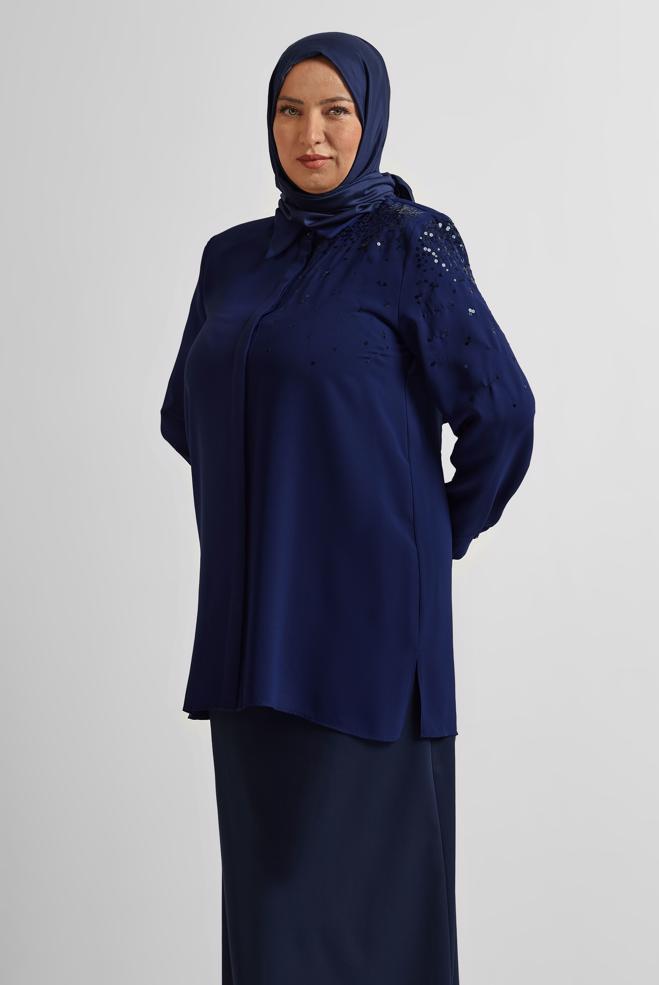 Vêtements hijab BLEU MARINE TUNIQUE BRODÉE À PAILLETTES 20709 - ALVİNA