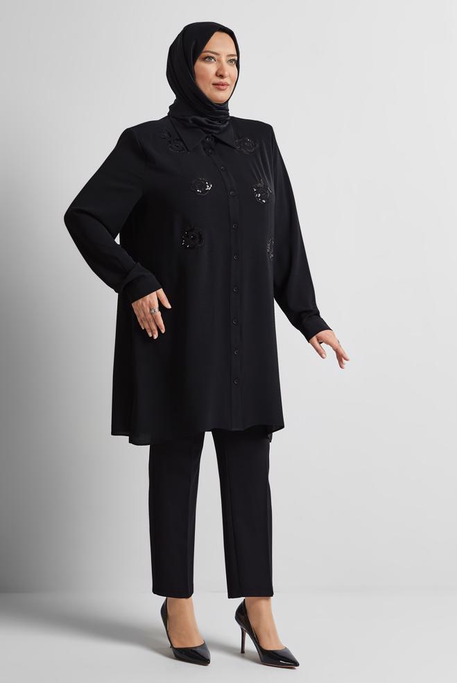 Vêtements hijab NOIR TUNIQUE AEROBIN À PAILLETTES 20710 - ALVİNA