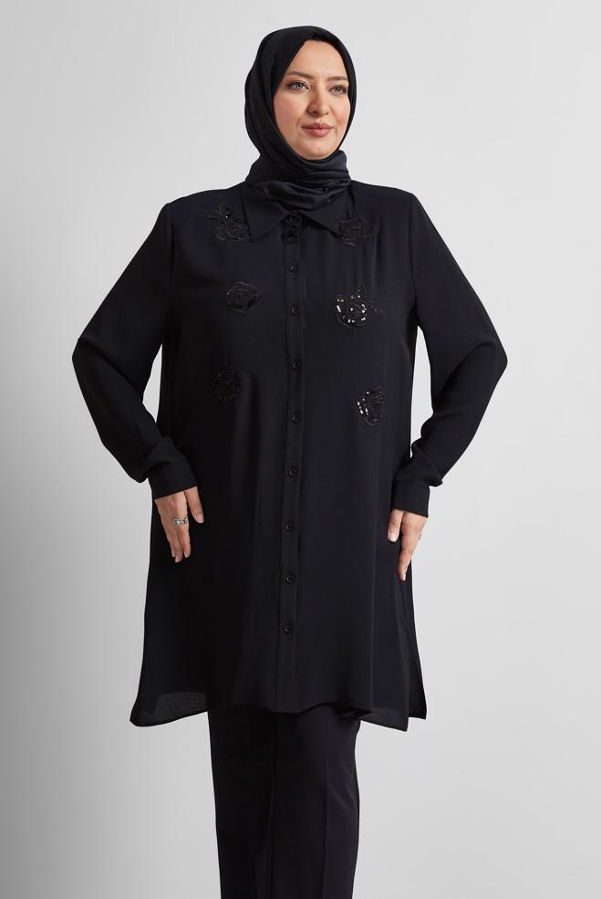 Vêtements hijab NOIR TUNIQUE AEROBIN À PAILLETTES 20710 - ALVİNA