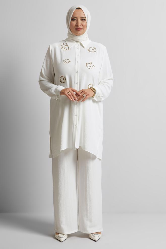 Vêtements hijab BLANC TUNIQUE AEROBIN À PAILLETTES 20710 - ALVİNA