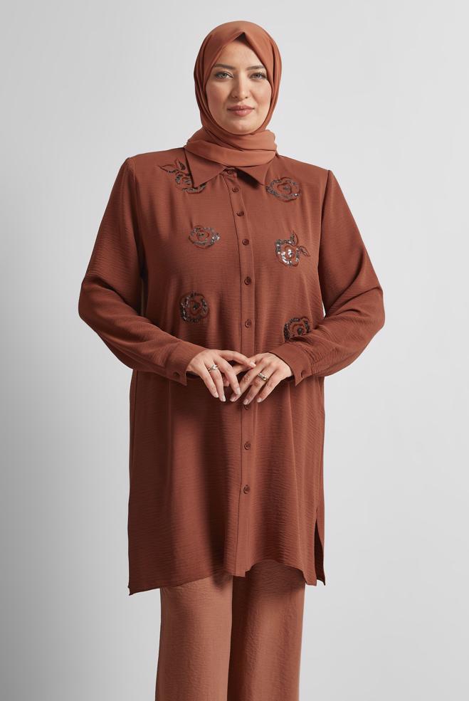 Vêtements hijab BRUN TUNIQUE AEROBIN À PAILLETTES 20710 - ALVİNA