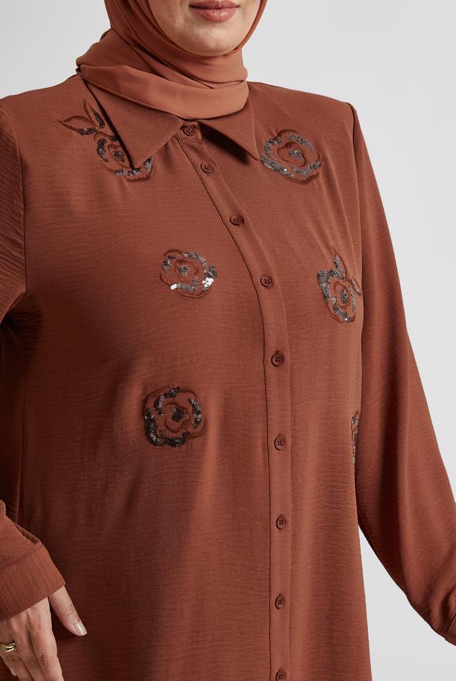 Vêtements hijab BRUN TUNIQUE AEROBIN À PAILLETTES 20710 - ALVİNA