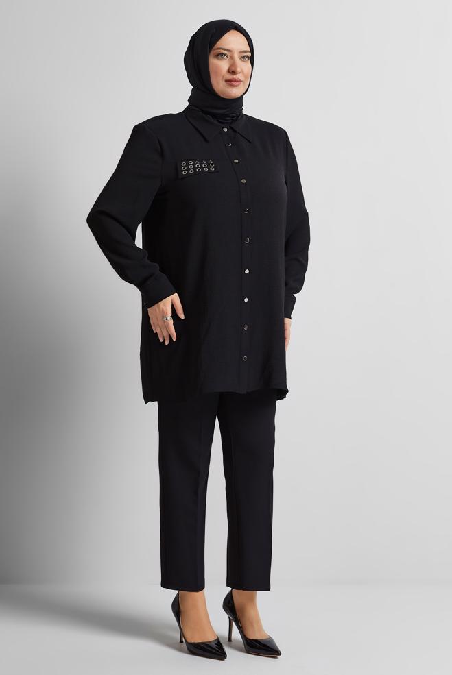 Vêtements hijab NOIR TUNIQUE À COL CHEMISE 20711 - ALVİNA