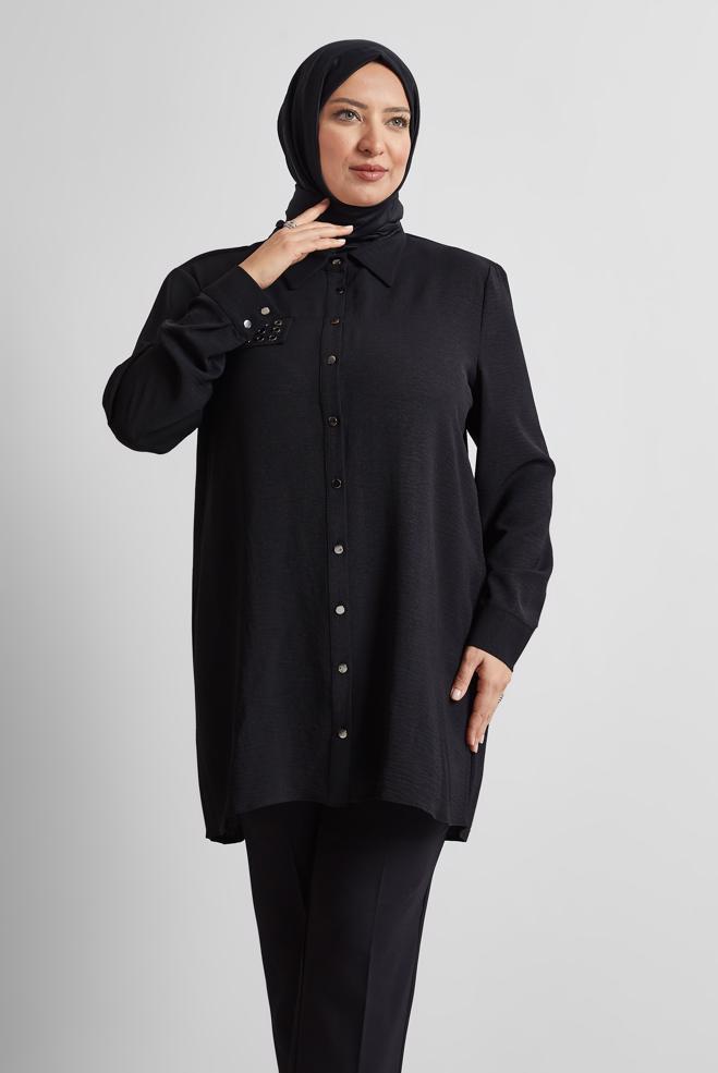 Vêtements hijab NOIR TUNIQUE À COL CHEMISE 20711 - ALVİNA