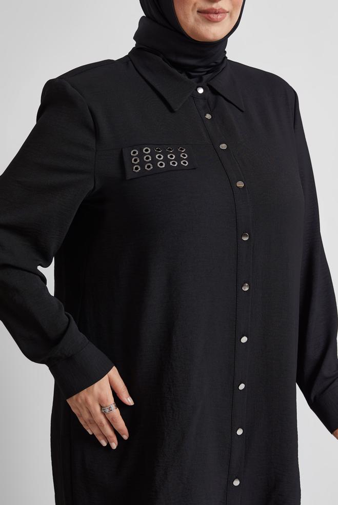 Vêtements hijab NOIR TUNIQUE À COL CHEMISE 20711 - ALVİNA