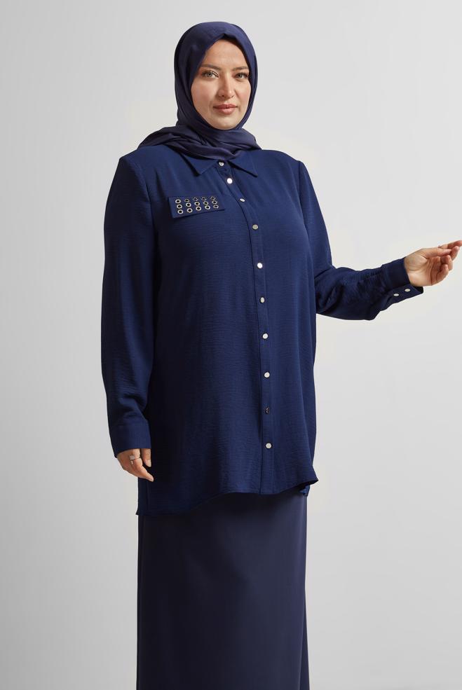 Vêtements hijab BLEU MARINE TUNIQUE À COL CHEMISE 20711 - ALVİNA