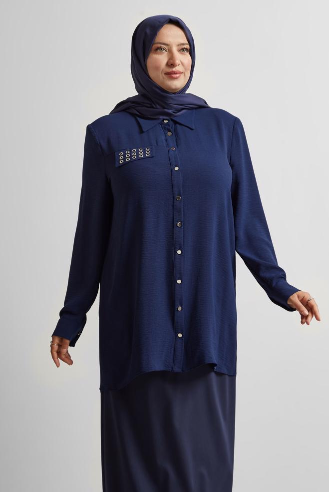 Vêtements hijab BLEU MARINE TUNIQUE À COL CHEMISE 20711 - ALVİNA