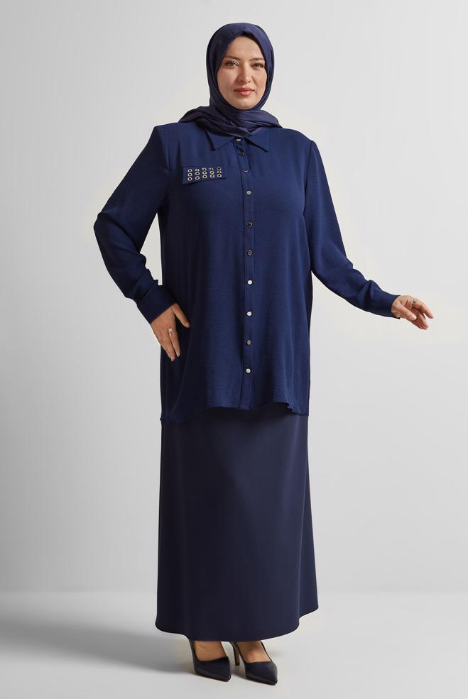 Vêtements hijab BLEU MARINE TUNIQUE À COL CHEMISE 20711 - ALVİNA