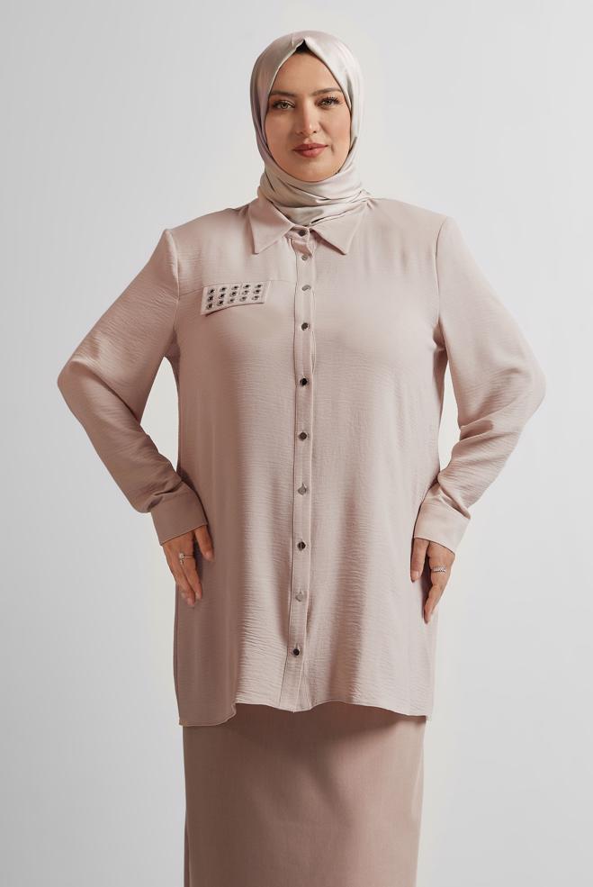 Vêtements hijab BEIGE TUNIQUE À COL CHEMISE 20711 - ALVİNA