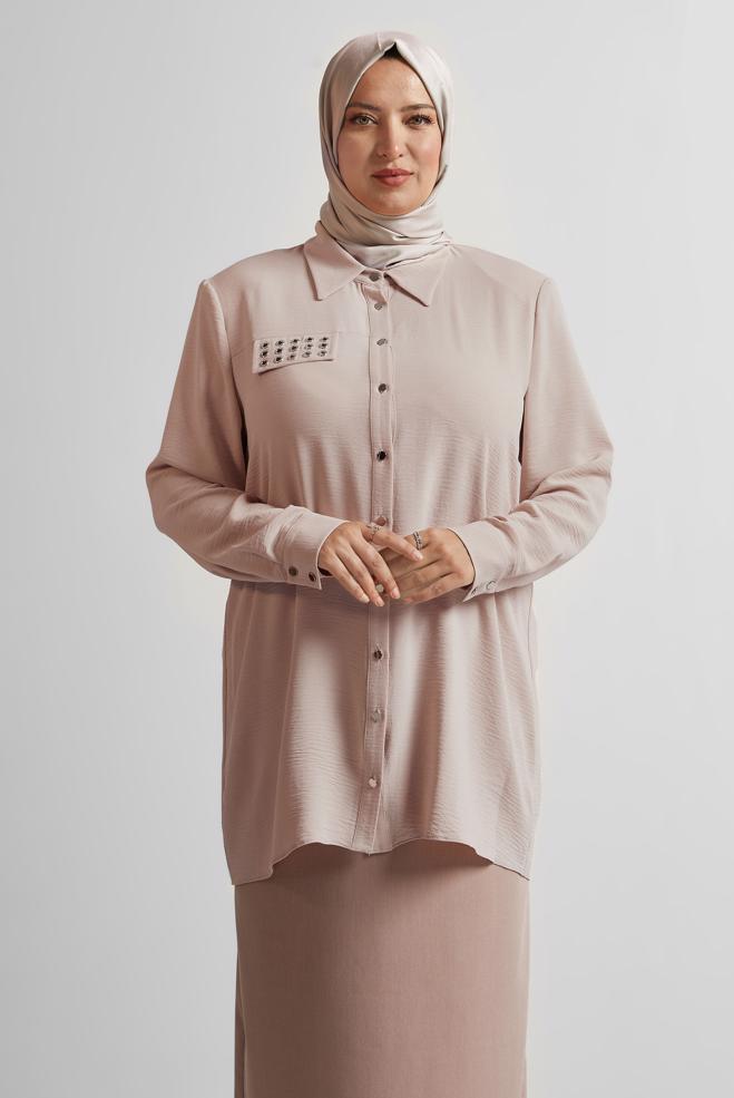 Vêtements hijab BEIGE TUNIQUE À COL CHEMISE 20711 - ALVİNA