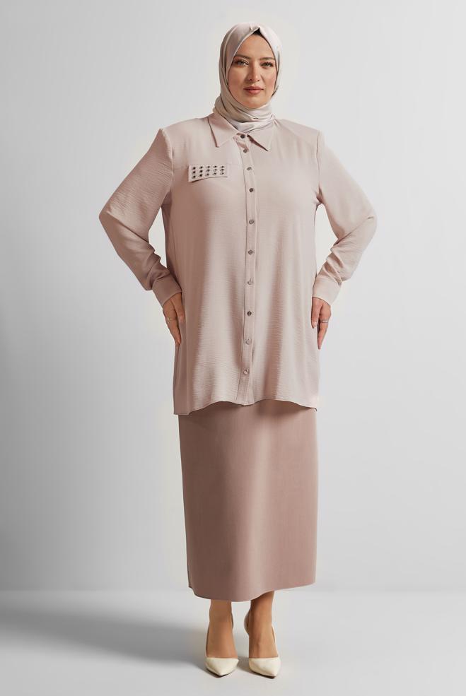 Vêtements hijab BEIGE TUNIQUE À COL CHEMISE 20711 - ALVİNA