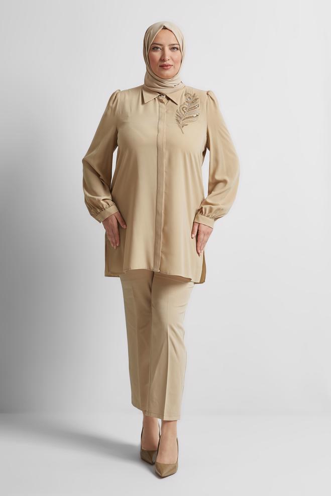 Vêtements hijab BRUN TUNIQUE BRODÉE DE PERLES 20714 - ALVİNA