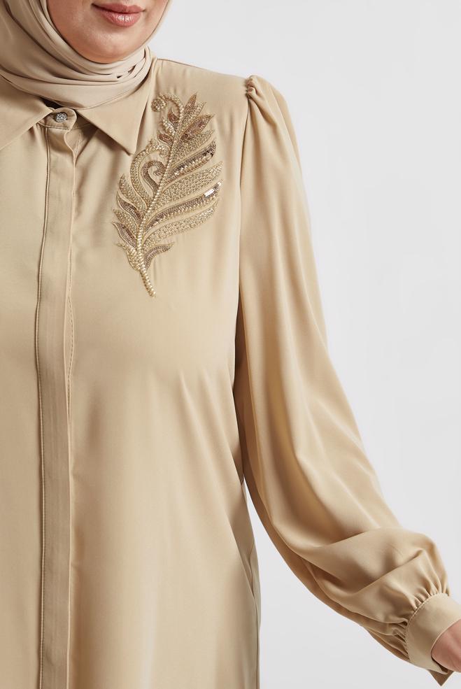 Vêtements hijab BRUN TUNIQUE BRODÉE DE PERLES 20714 - ALVİNA