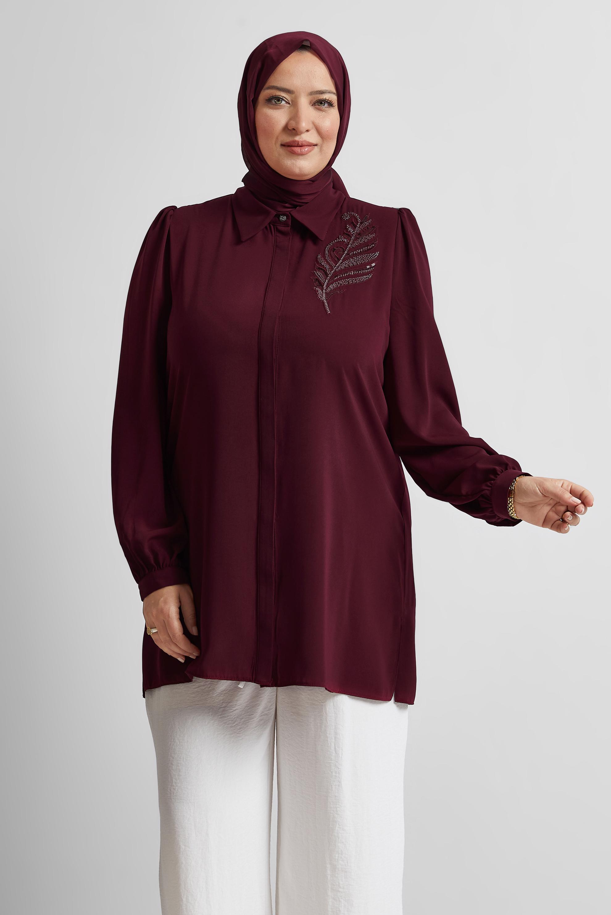 Tesettür giyim BORDO BONCUK İŞLEMELİ BÜYÜK BEDEN TUNİK 20714