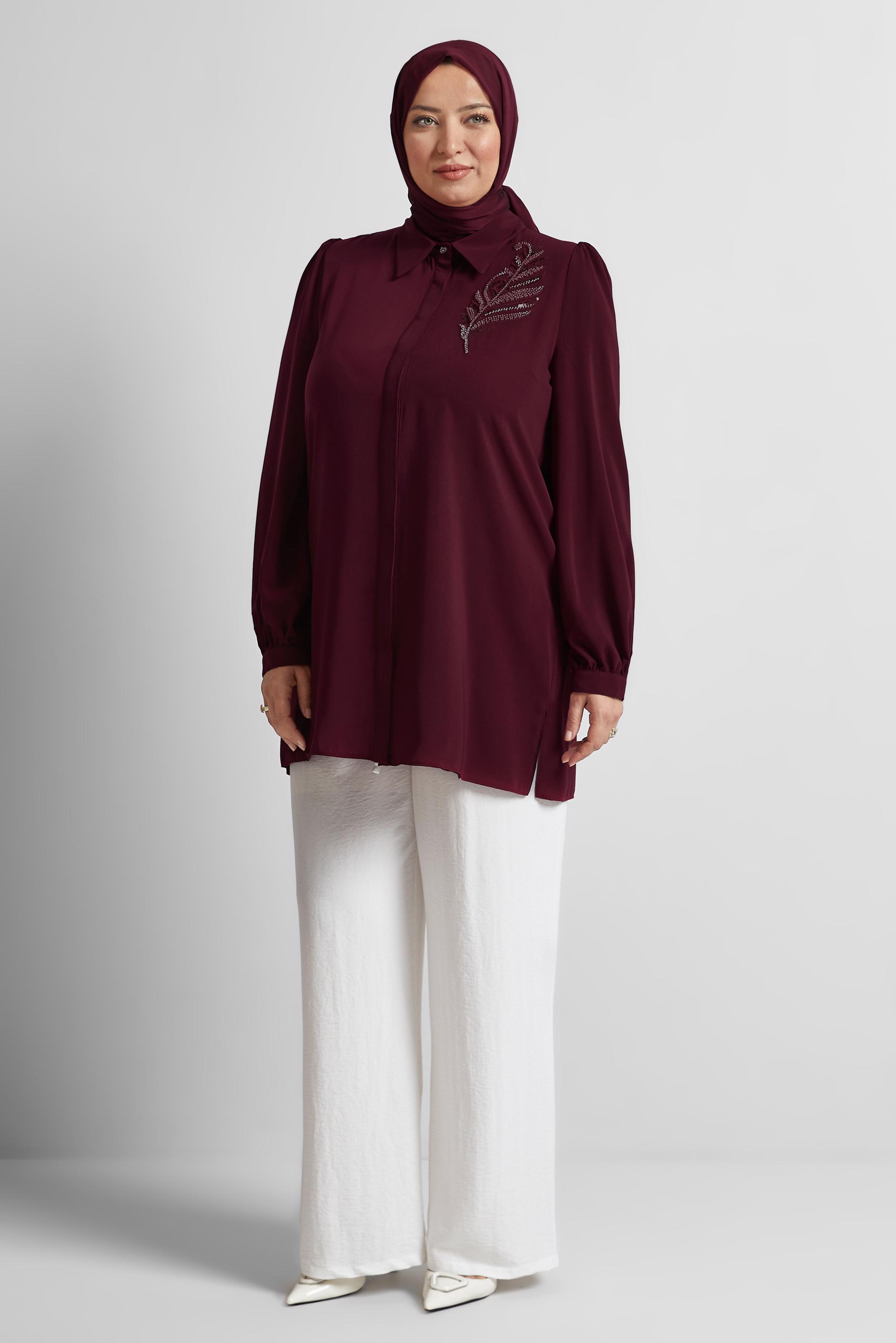 Tesettür giyim BORDO BONCUK İŞLEMELİ BÜYÜK BEDEN TUNİK 20714