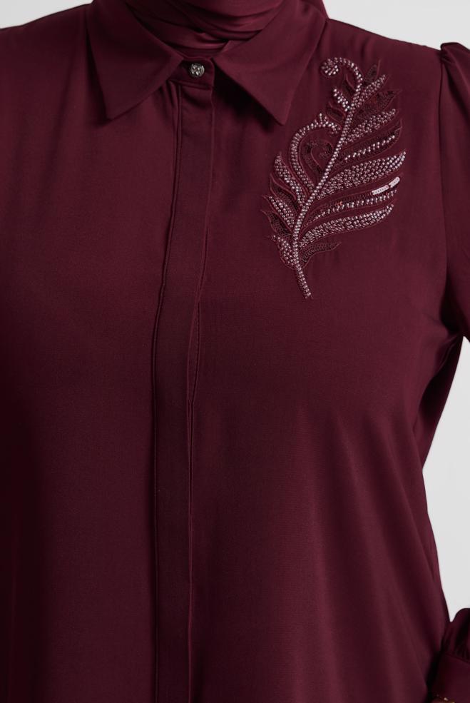 Vêtements hijab ROUGE BORDEAUX TUNIQUE BRODÉE DE PERLES 20714 - ALVİNA