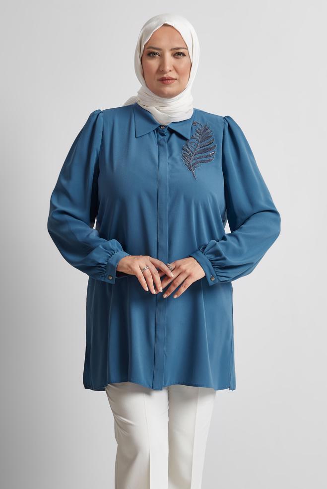 Vêtements hijab BLEU TUNIQUE BRODÉE DE PERLES 20714 - ALVİNA