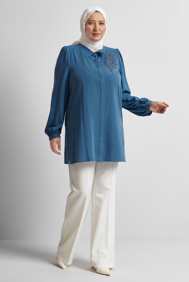 Vêtements hijab BLEU TUNIQUE BRODÉE DE PERLES 20714 - ALVİNA